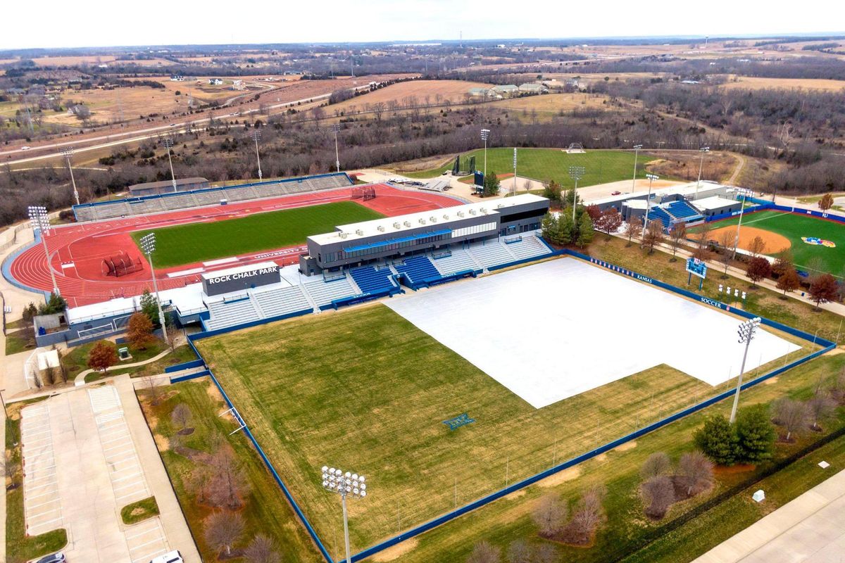 The University of Kansas athletic complex at Rock Chalk Park in West Lawrence, Kansas, seen on Thursday, Dec. 21, 2023, includes two stadiums: a track and field stadium, left, and a soccer stadium, right. Lawrence and KU may play host to an international team for the World Cup. The complex also includes baseball and tennis facilities.  (Kansas City Star)