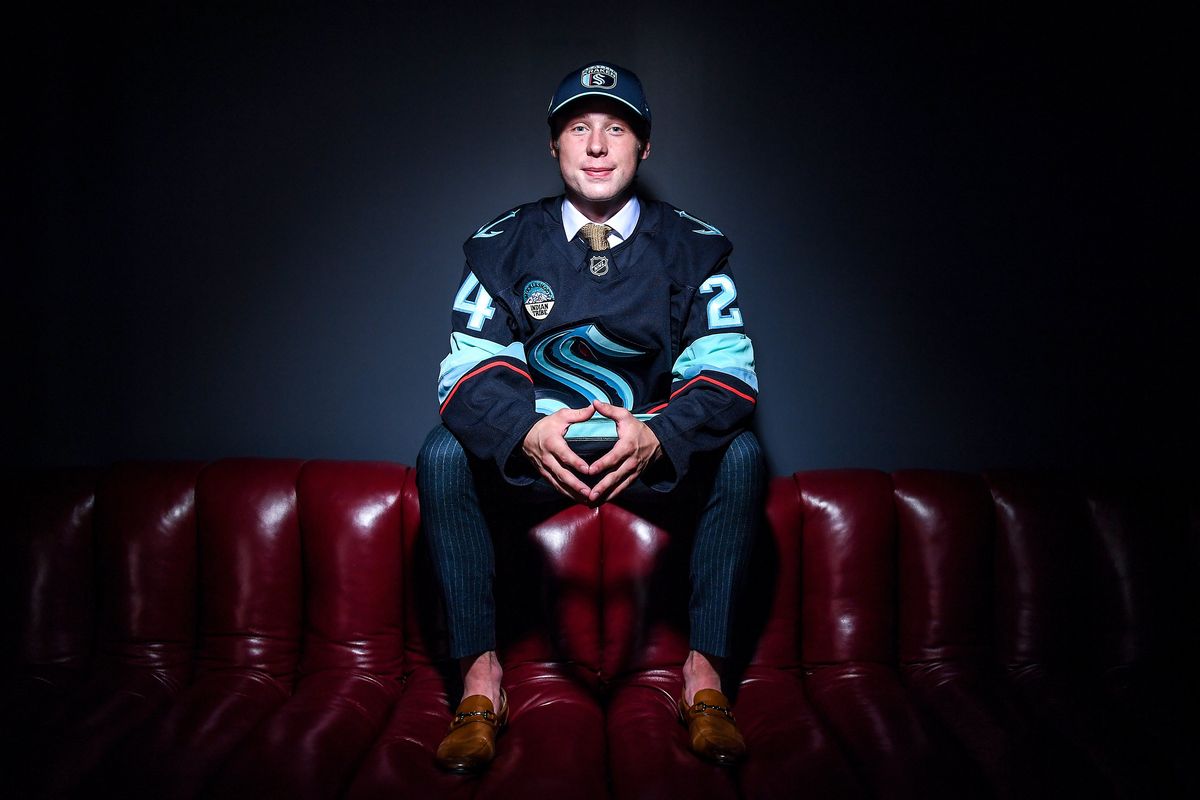 Spokane Chiefs’ Berkly Catton poses for a portrait after being selected by the Seattle Kraken with the eight overall pick during the NHL draft on June 28 in Las Vegas.  (Getty Images)