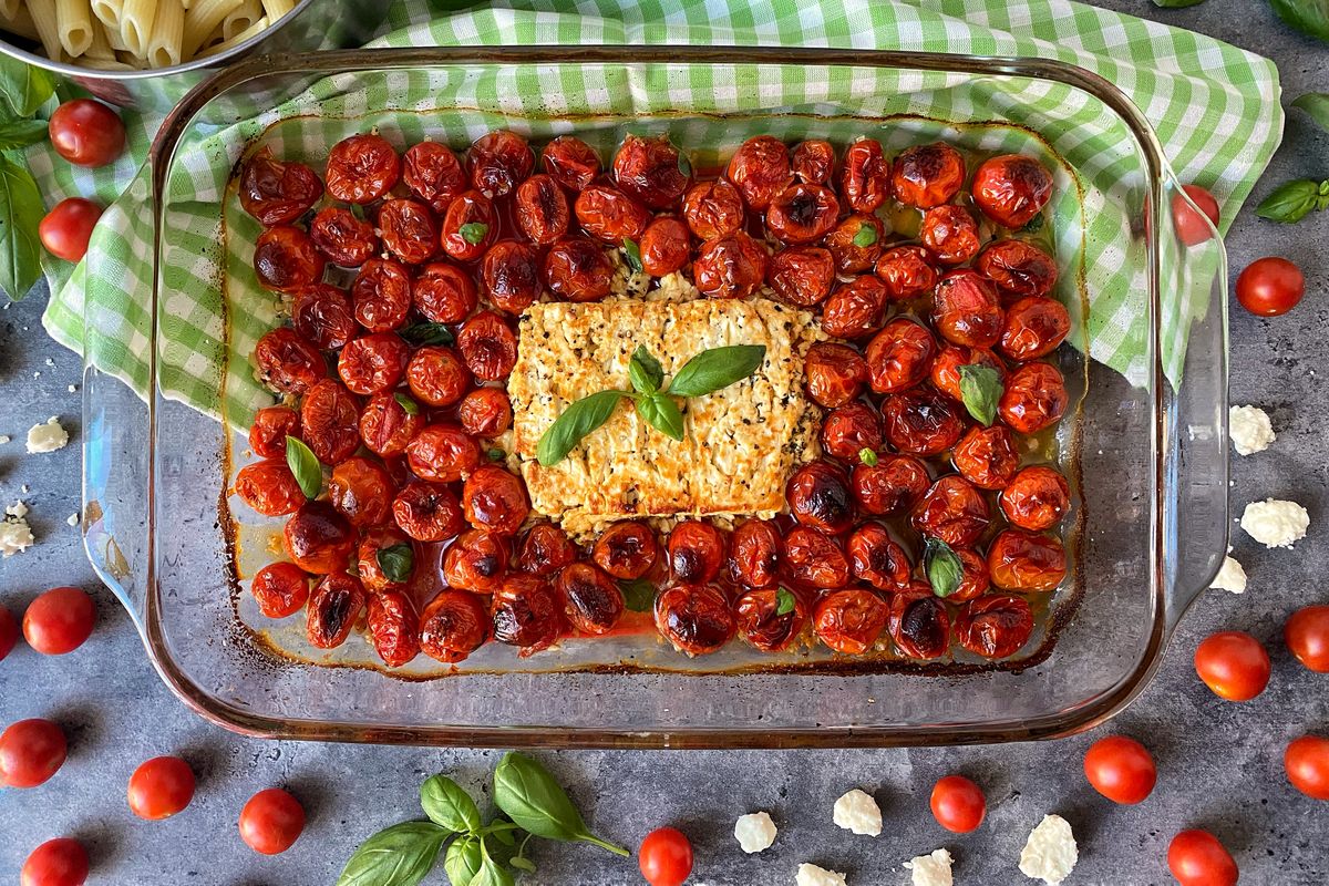 Cherry tomatoes work best in this recipe for baked feta pasta.  (Audrey Alfaro/For The Spokesman-Review)
