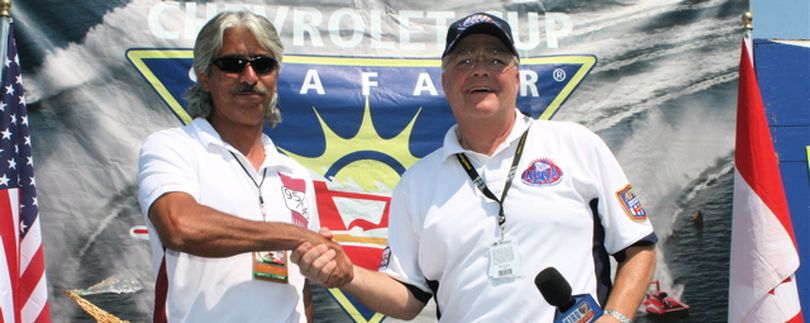 Sheikh Hassan bin Jabor Al-Thani of Qatar (l) and Sam Cole of the ABRA (r) exchange handshakes after the signing of an agreement to bring ABRA Unlimited Hydroplane racing to Qatar. (Photo courtesy of ABRA) (The Spokesman-Review)