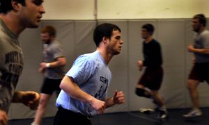 North Idaho College wrestler Tim McGoldrick runs during practice in preparation for the NJCAA national championships this weekend. (Kathy Plonka / The Spokesman-Review)