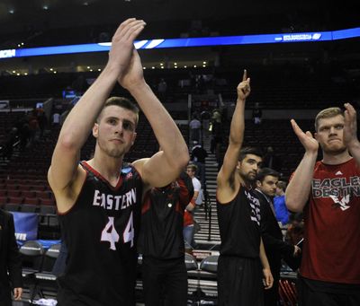 Fond farewell: Eastern Washington’s Felix Von Hofe, Venky Jois and Frederik Jorg salute their fans after falling to Georgetown in their NCAA tournament game Thursday in Portland. The Eagles finished with a 26-9 record. Find coverage in Sports, B1. (Dan Pelle)