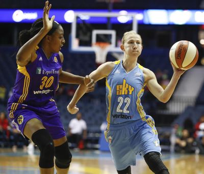 Chicago Sky guard Courtney Vandersloot, right, in WNBA action last season. (Kamil Krzaczynski / Associated Press)
