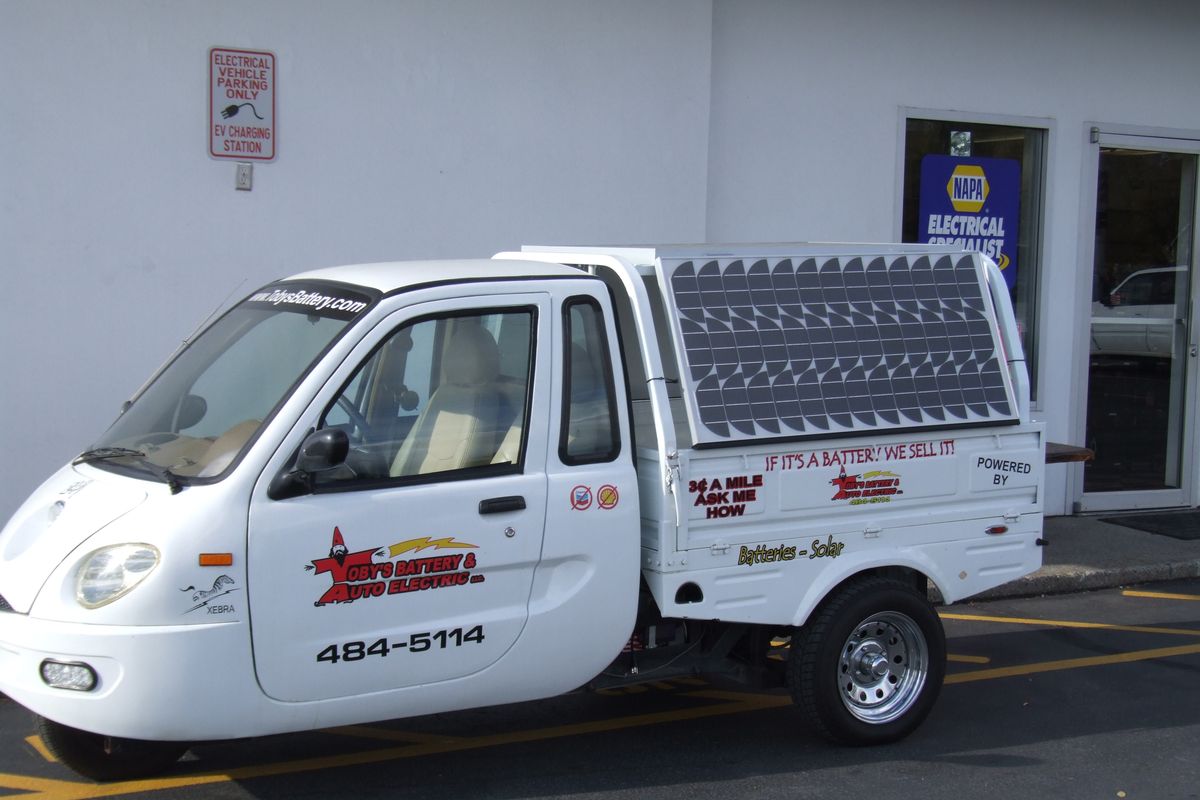 You can see this solar-powered Zap car out front, when it’s not zipping around town making battery deliveries.  (Paul Haeder / Down to Earth NW Correspondent)