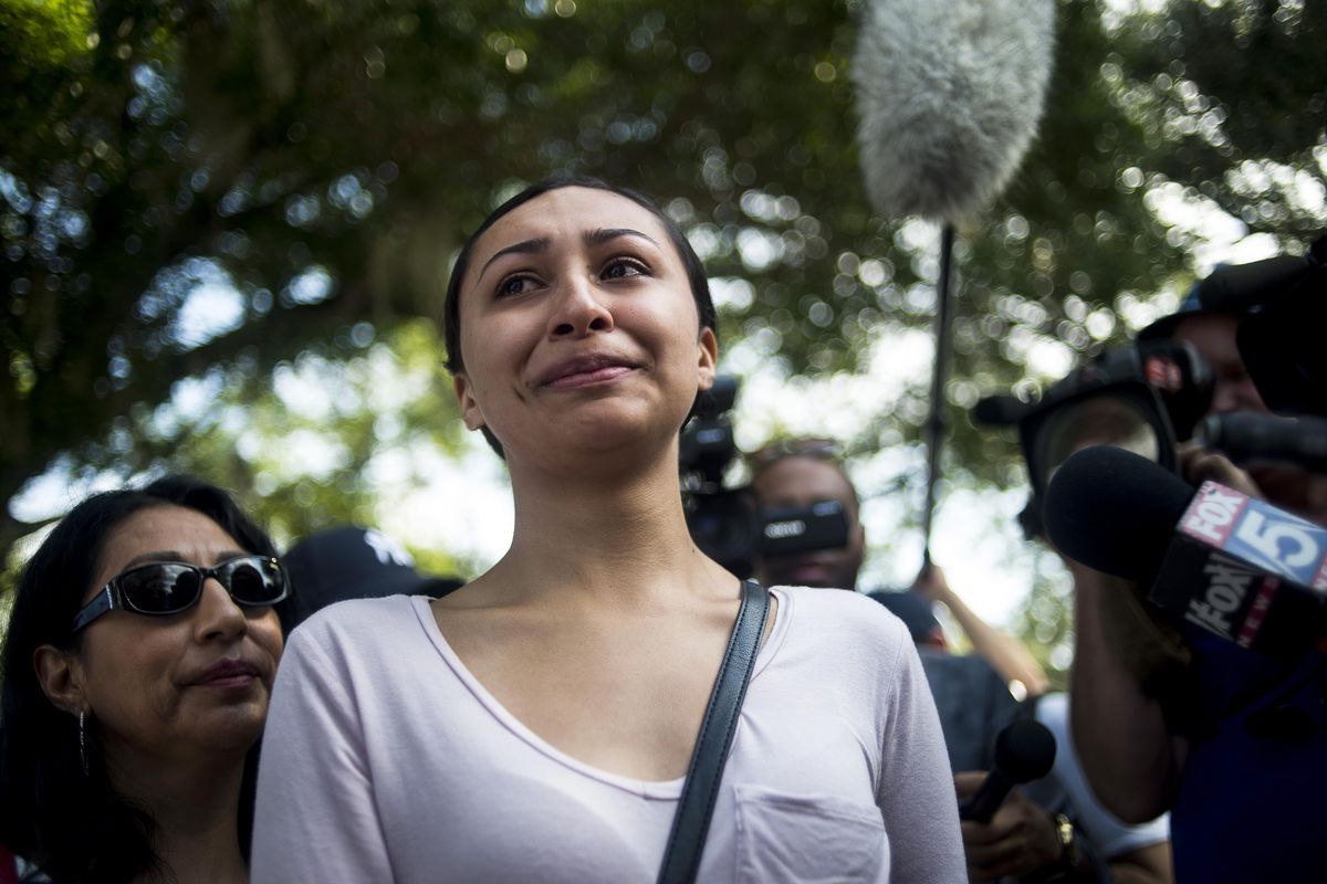 Julissa Leal speaks with the media about her missing brother, Frank Hernandez outside a family reunification center set up at the Beardall Senior Center, Monday, June 13, 2016, in Orlando, Fla., for family members of the victims of the Orlando nightclub shooting. (Zack Wittman / Zack Wittman Tampa Bay Times via Associated Press)