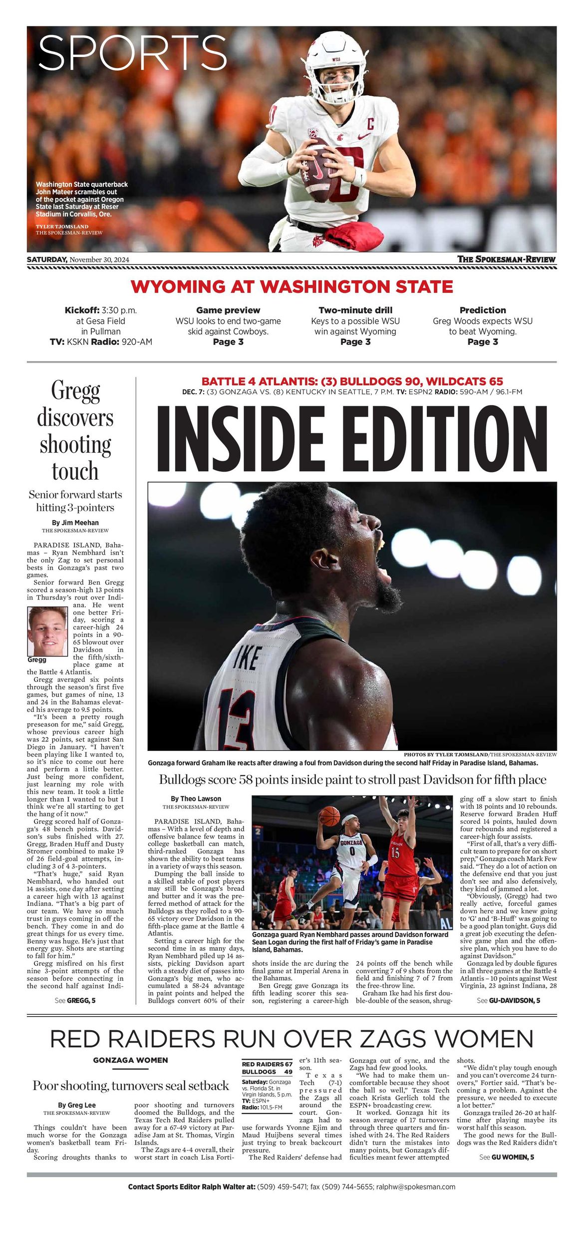 Sports Front Page for Nov. 30, 2024 The SpokesmanReview