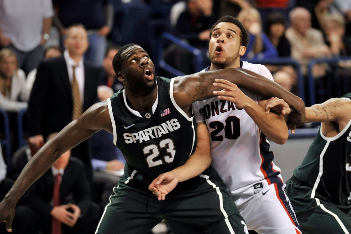 Gonzaga’s Elias Harris and Michigan State’s Draymond Green battle for position underneath during the Spartans’ win in a December 2011 game at the McCarthey Athletic Center.  (Dan Pelle/The Spokesman-Review)