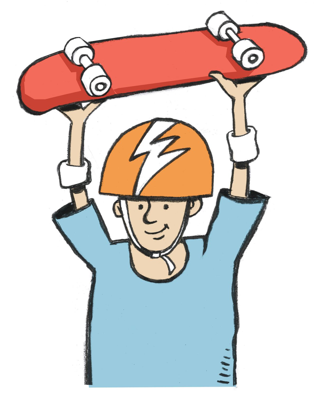 300 dpi Sharon Kilday color illustration of a young kid, wearing a helmet and holding a skateboard over his head. Dallas Morning News 2007  (Sharon Kilday/Dallas Morning News)