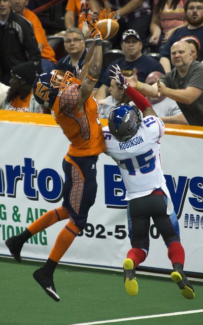 Shock’s Terrance Sanders intercepts a pass over Portland’s Alvance Robinson in the second quarter. (Dan Pelle)