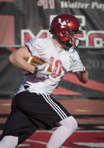 EWU wide receiver Cooper Kupp, working out during spring football practice last March 31, is one of three unanimous picks on the Big Sky preseason all-league team. (Colin Mulvany / The Spokesman-Review)