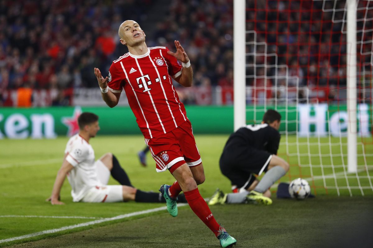 Bayern’s Arjen Robben reacts after failing to score during the Champions League quarter final second leg soccer match between FC Bayern Munich and Sevilla FC at the Allianz Arena stadium in Munich, Germany, Wednesday, April 11, 2018. (Matthias Schrader / Associated Press)