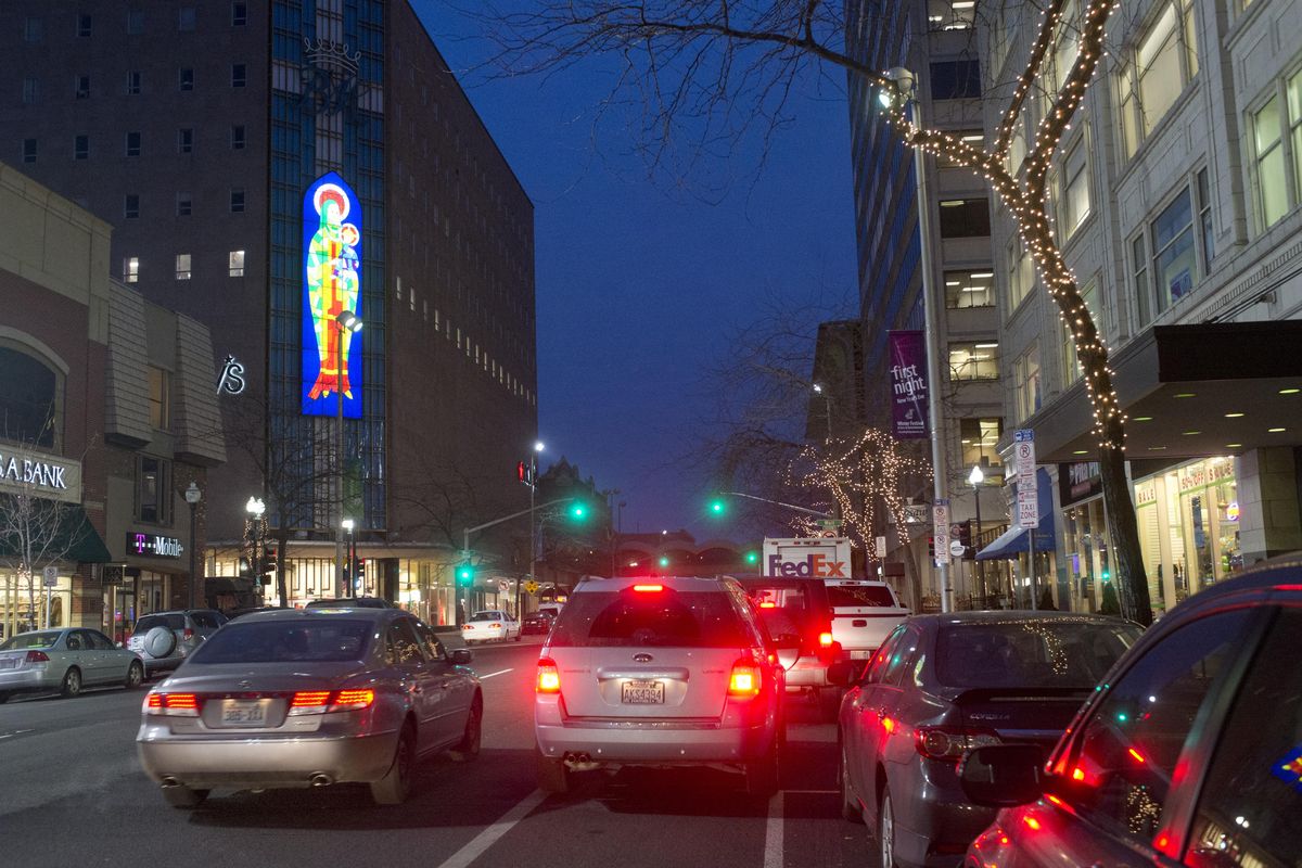 The image of Mary and the Christ child has glowed on the corner of Main Ave. and Wall St. in Spokane since 1957, when the store was the Bon Marche. (Jesse Tinsley / The Spokesman-Review)