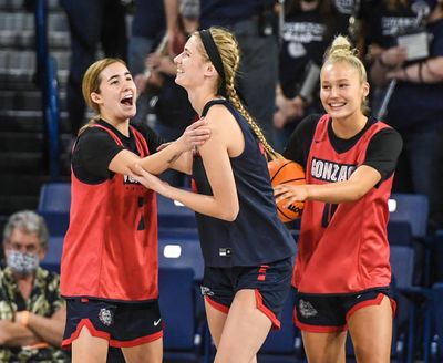 Gonzaga freshman Bree Salenbien, center, celebrates her win in the 3-point contest during Fan Fest with Payton Muma, left, and Esther Little, Saturday, Oct. 16, 2021 in the McCarthey Athletic Center.  (DAN PELLE/THE SPOKESMAN-REVIEW)
