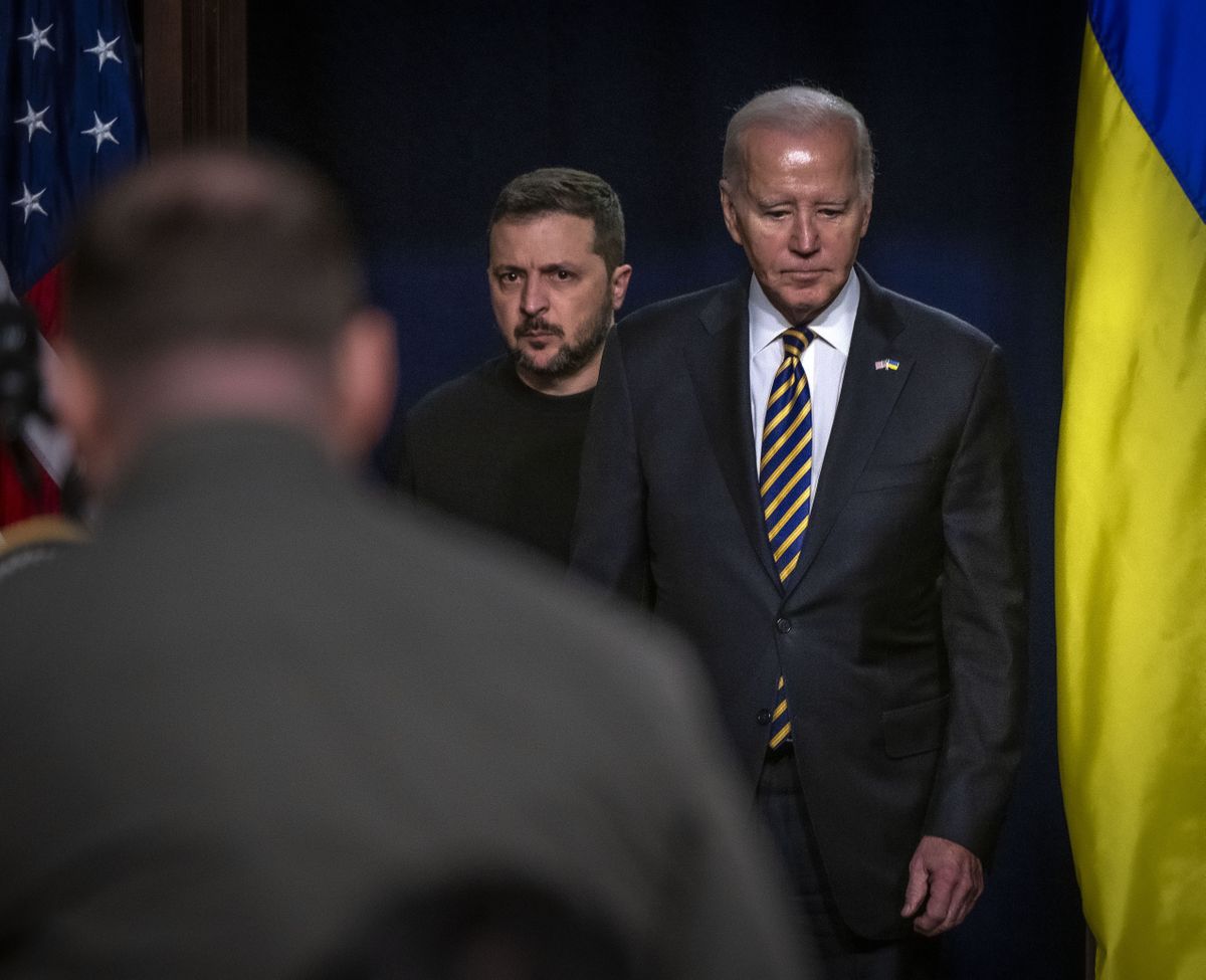 President Joe Biden and Ukrainian President Volodymyr Zelenskyy head to a news conference at the Eisenhower Executive Office Building.  (Bill O