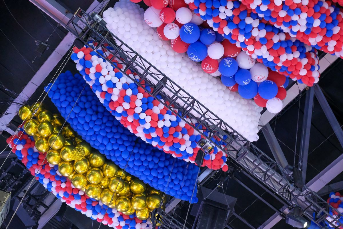 Balloons hang from the rafters of the Fiserv Center in Milwaukee, waiting to drop at the Republican National Convention on July 15, 2024.  (Orion Donovan Smith/The Spokesman-Review)
