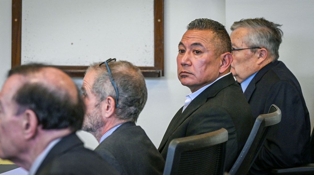 Former Pasco police officer Richard Aguirre takes pause Monday after being sentenced to prison for 25 years.  (DAN PELLE/THE SPOKESMAN-REVIEW)