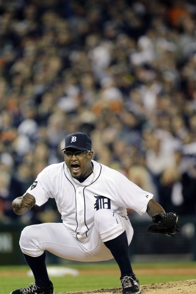 Detroit relief pitcher Jose Valverde reacts after striking out New York Yankees' Derek Jeter to end Game 3. (Associated Press)
