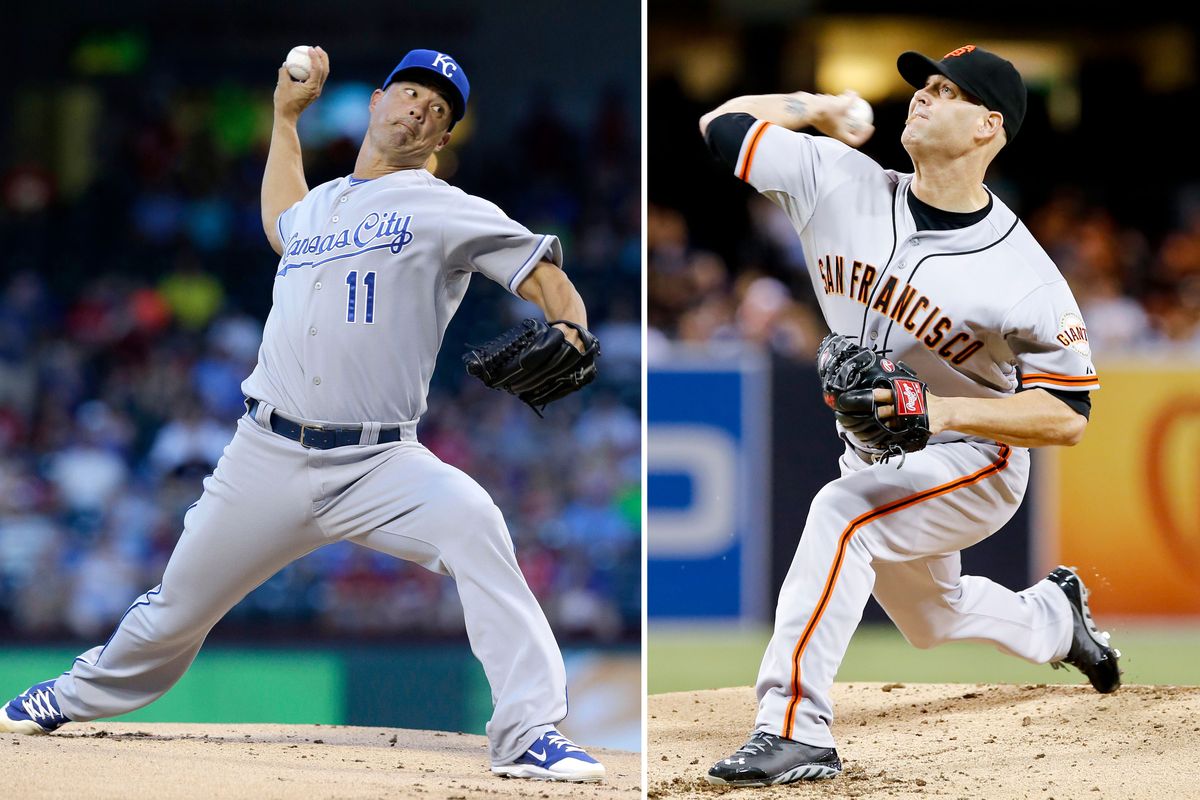 Veteran right-handers will start today as Kansas City’s Jeremy Guthrie (13-11) faces the Giants’ Tim Hudson (9-13). (Associated Press)