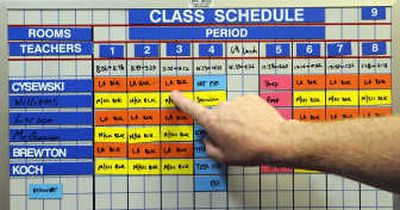 
Mark Purvine, East Valley Middle School principal, points out the new classroom schedule The school is moving to an eight-period day which will allow for more electives.
 (Dan Pelle / The Spokesman-Review)