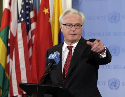 In this Thursday, Aug. 16, 2012, file photo, Russia’s U.N. Ambassador Vitaly Churkin answers reporters’ questions at the United Nations after a closed meeting of the Security Council. Russian officials said Churkin died suddenly in New York City on Monday, Feb. 20, 2017. (Richard Drew / Associated Press)