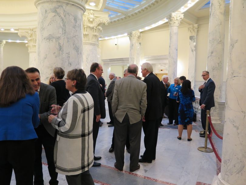 A reception for new Idaho legislators drew a big crowd to the Capitol rotunda on Wednesday, from lawmakers and lobbyists to staffers and dignitaries. (Betsy Z. Russell)