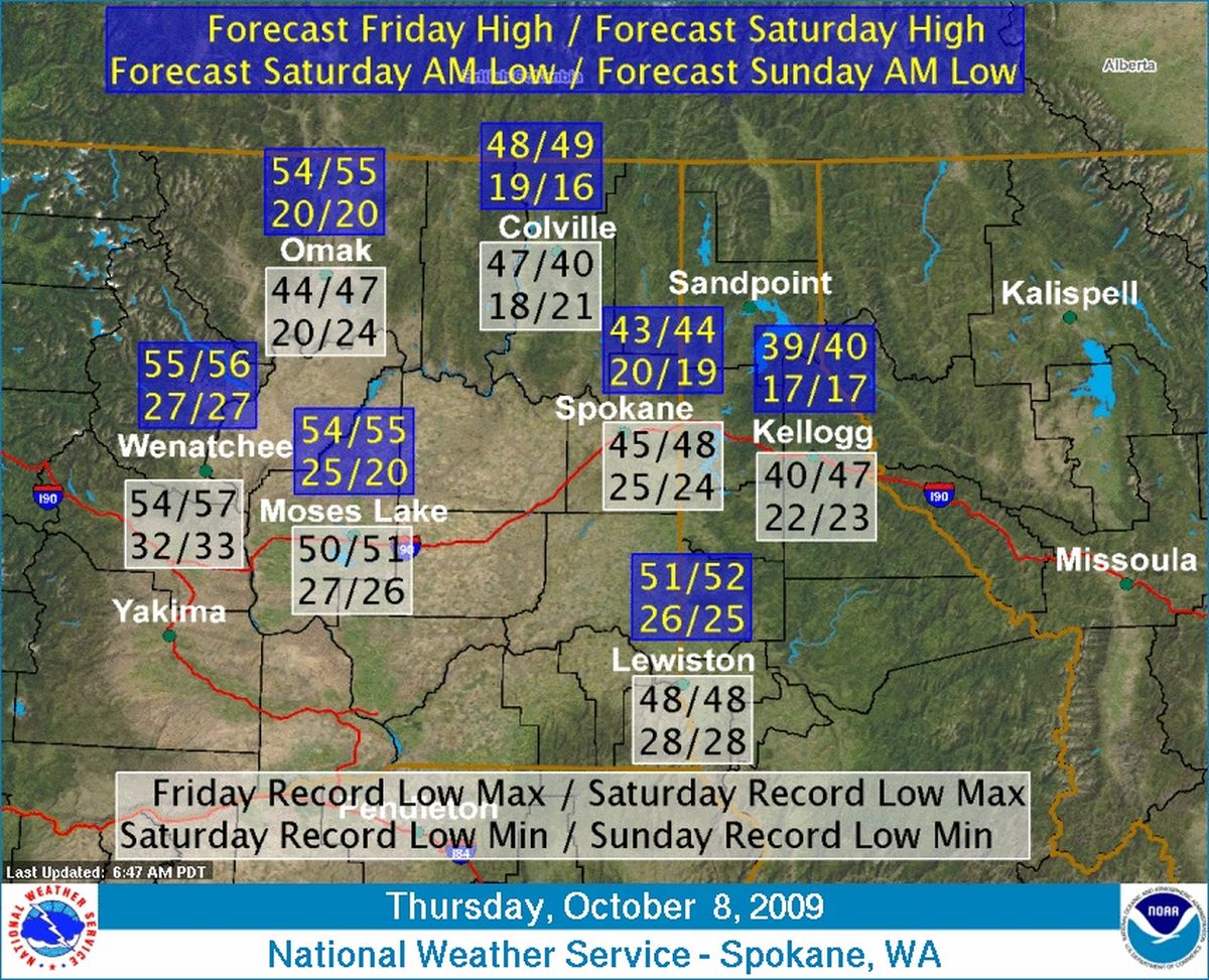 This National Weather Service graphic shows record low temperatures in the forecast for Friday and Saturday nights, Oct. 9 and 10, 2009. (Courtesy of National Weather Service)