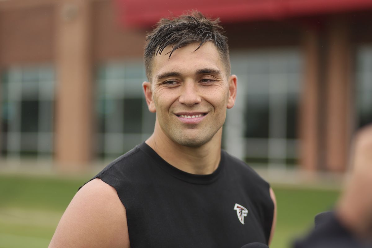 Atlanta Falcon inside linebacker Kaden Elliss speaks to members of the media following the Atlanta Falcons OTAs on May 27 at the Atlanta Falcons Training Facility in Flowery Branch, Ga. (Tribune News Service)