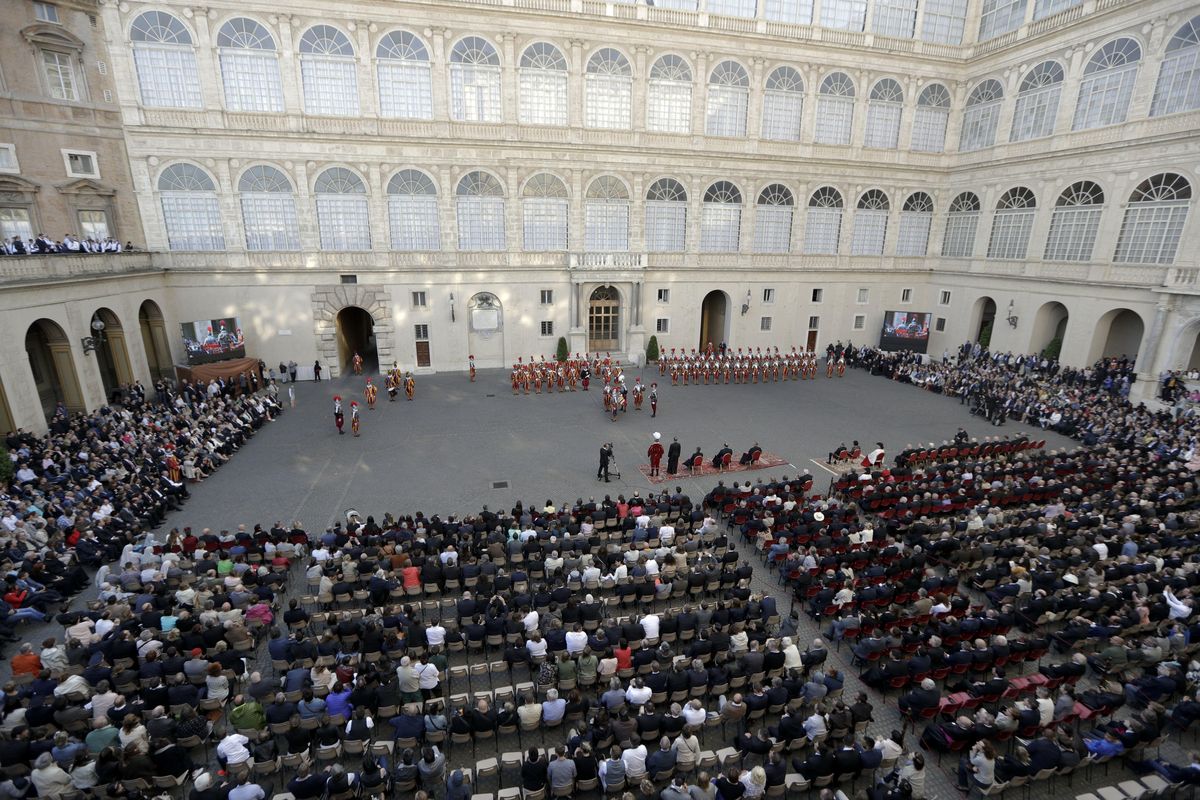 A view of the San Damaso courtyard during the Swiss Guards recruits swearing-in ceremony, at the Vatican, Saturday, May 6, 2017. The ceremony is held each May 6 to commemorate the day in 1527 when 147 Swiss Guards died protecting Pope Clement VII during the Sack of Rome. (Andrew Medichini / Associated Press)