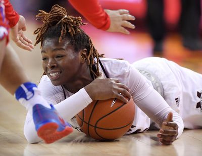 Mississippi State guard Jacaira Allen dives for a loose ball during the Bulldogs’ 91-42 defeat of SMU. (Mark J. Terrill / Associated Press)