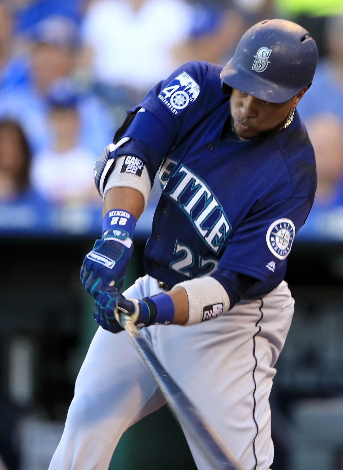 Seattle Mariners' Robinson Cano hits a double off Kansas City Royals starting pitcher Jason Hammel during the first inning of a baseball game at Kauffman Stadium in Kansas City, Mo., Friday, Aug. 4, 2017. It was Cano's 500th career double. (Orlin Wagner / Associated Press)