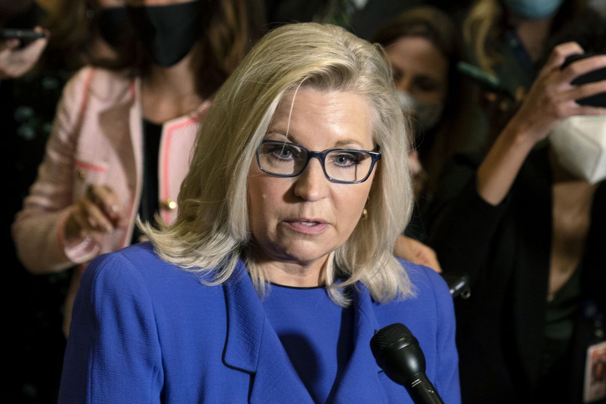Rep. Liz Cheney, R-Wyo., speaks to reporters after House Republicans voted to oust her from her leadership post as chair of the House Republican Conference because of her repeated criticism of former President Donald Trump for his false claims of election fraud and his role in instigating the Jan. 6 U.S. Capitol attack, at the Capitol in Washington, Wednesday, May 12, 2021.  (Manuel Balce Ceneta)