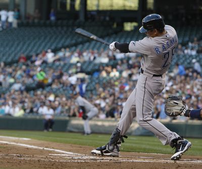 Colby Rasmus strokes 3-run double in first for Toronto. (Associated Press)