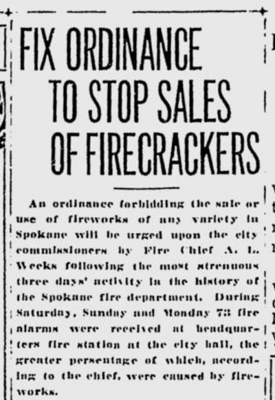 The Spokane fire chief requested the City Council explore banning the sale of firecrackers after a record-setting number of fire alarms on the Fourth of July, 1920.  (S-R archives)