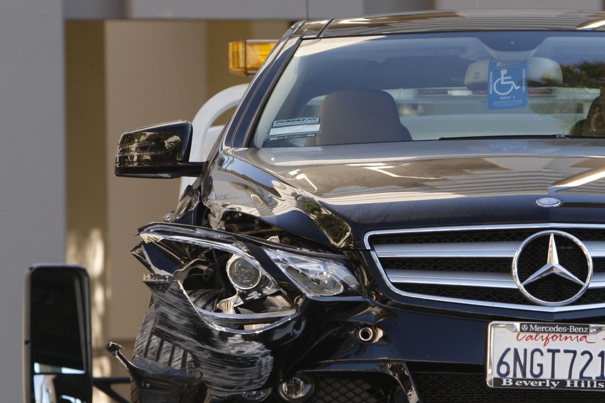  Ronni Chasen’s Mercedes E350 crashed into a light pole Tuesday after she was shot several times.  (Associated Press)