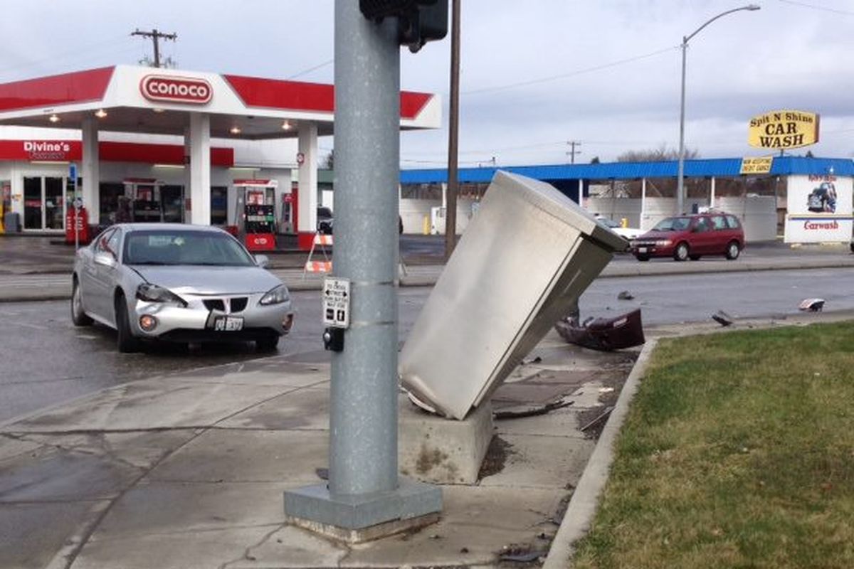 A driver fled the scene of this crash at Mission and Greene this morning. (Spokane Police Department)