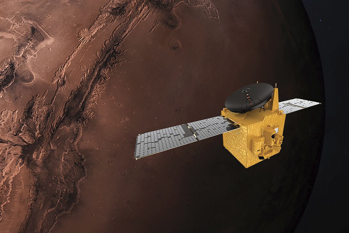 This June 1, 2020, rendering provided by Mohammed Bin Rashid Space Centre shows the Hope probe. The U.S., China and the United Arab Emirates are sending spacecraft to Mars in quick succession beginning this week.  (Alexander McNabb)