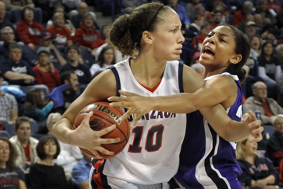 Danielle Walter of Gonzaga looks to pass the ball as Jasmine Wooton of Portland defends. (Christopher Anderson)
