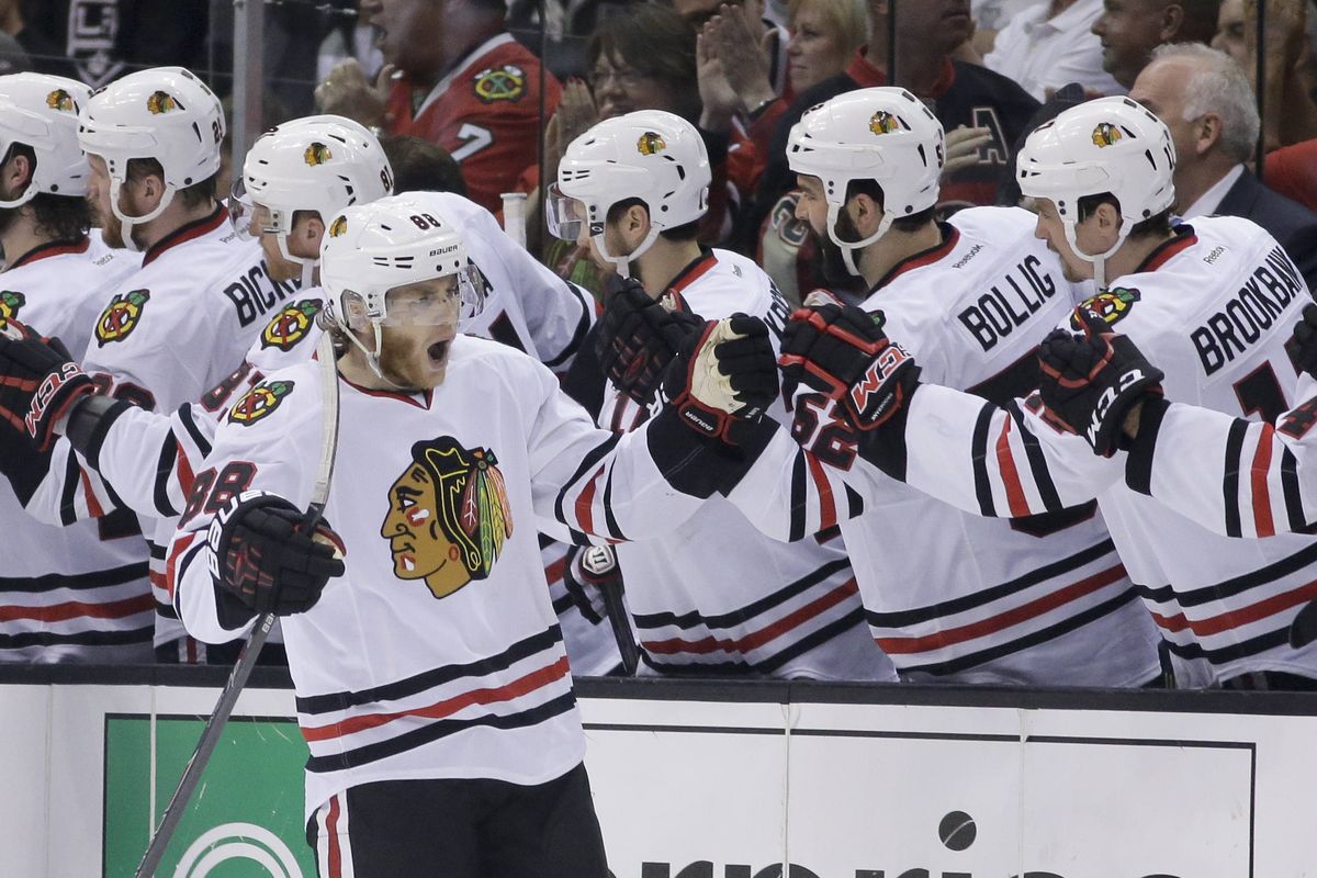 Chicago Blackhawks right wing Patrick Kane celebrates his first of two goals against the Los Angeles Kings on Friday night. His second goal was the game-winner. (Associated Press)