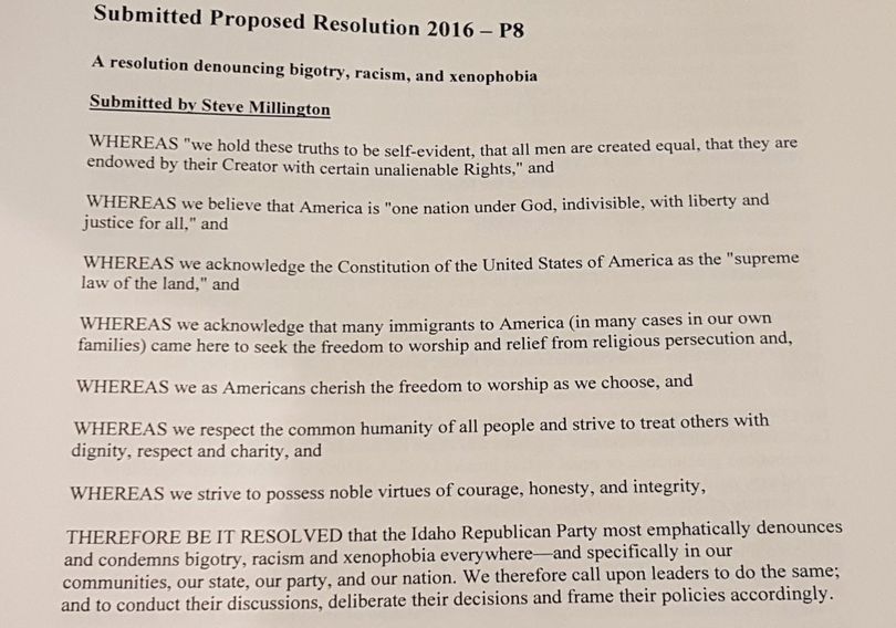 Here's the proposed anti-bigotry resolution that was overwhelmingly rejected by the platform committee of the Idaho GOP. Melissa Davlin of 