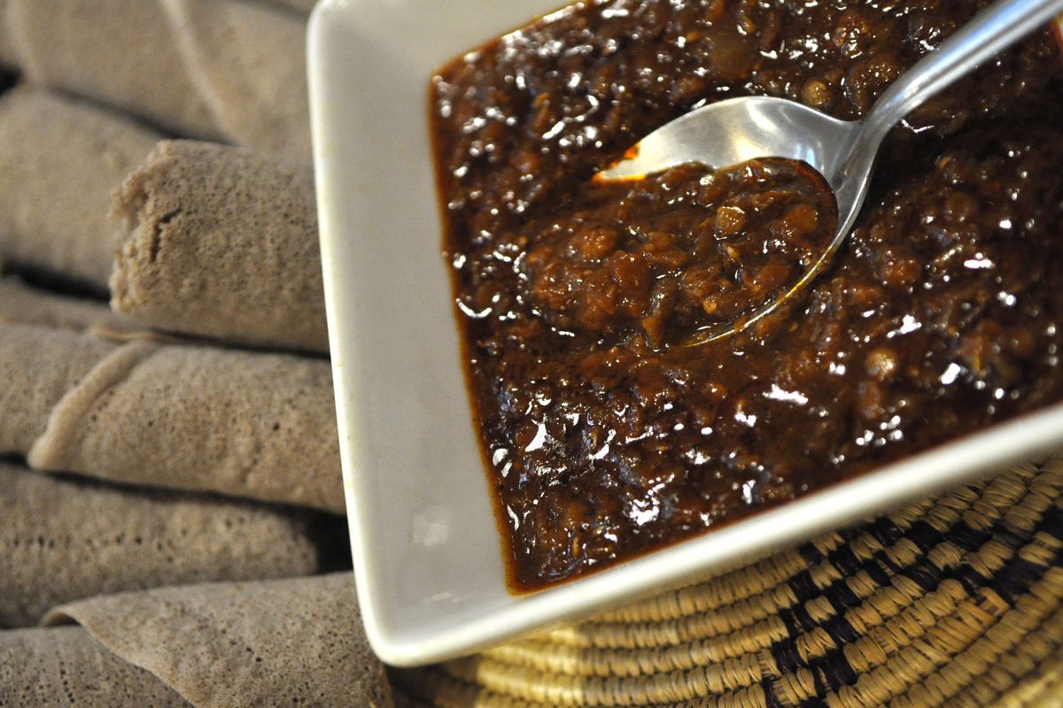 Yemeshir Kik We’t (red lentils in berbere sauce) is a top-selling vegetarian dish at Queen of Sheba. (Adriana Janovich)