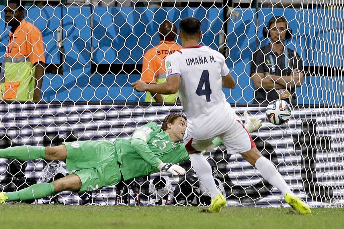 Netherlands goalkeeper Tim Krul makes a save on a penalty shot by Costa Rica’s Michael Umana for a victory on Saturday. (Associated Press)