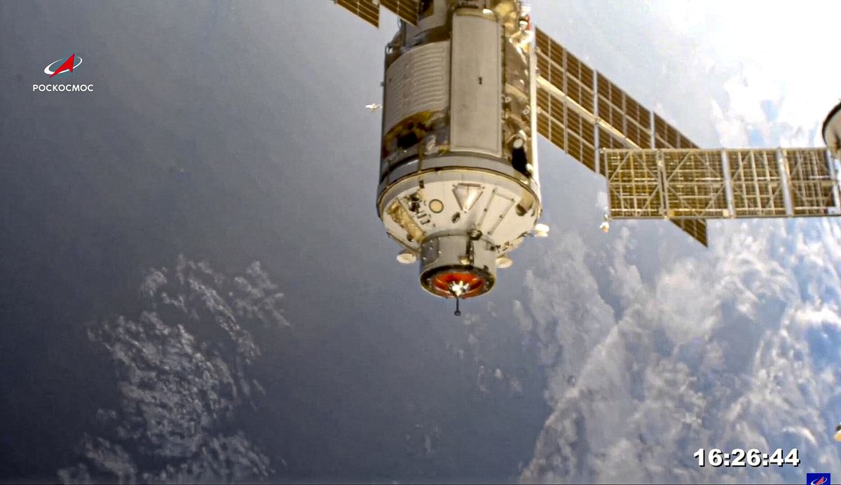 In this photo provided by Roscosmos Space Agency Press Service, the Nauka module is seen prior to docking with the International Space Station on Thursday, July 29, 2021. Russia