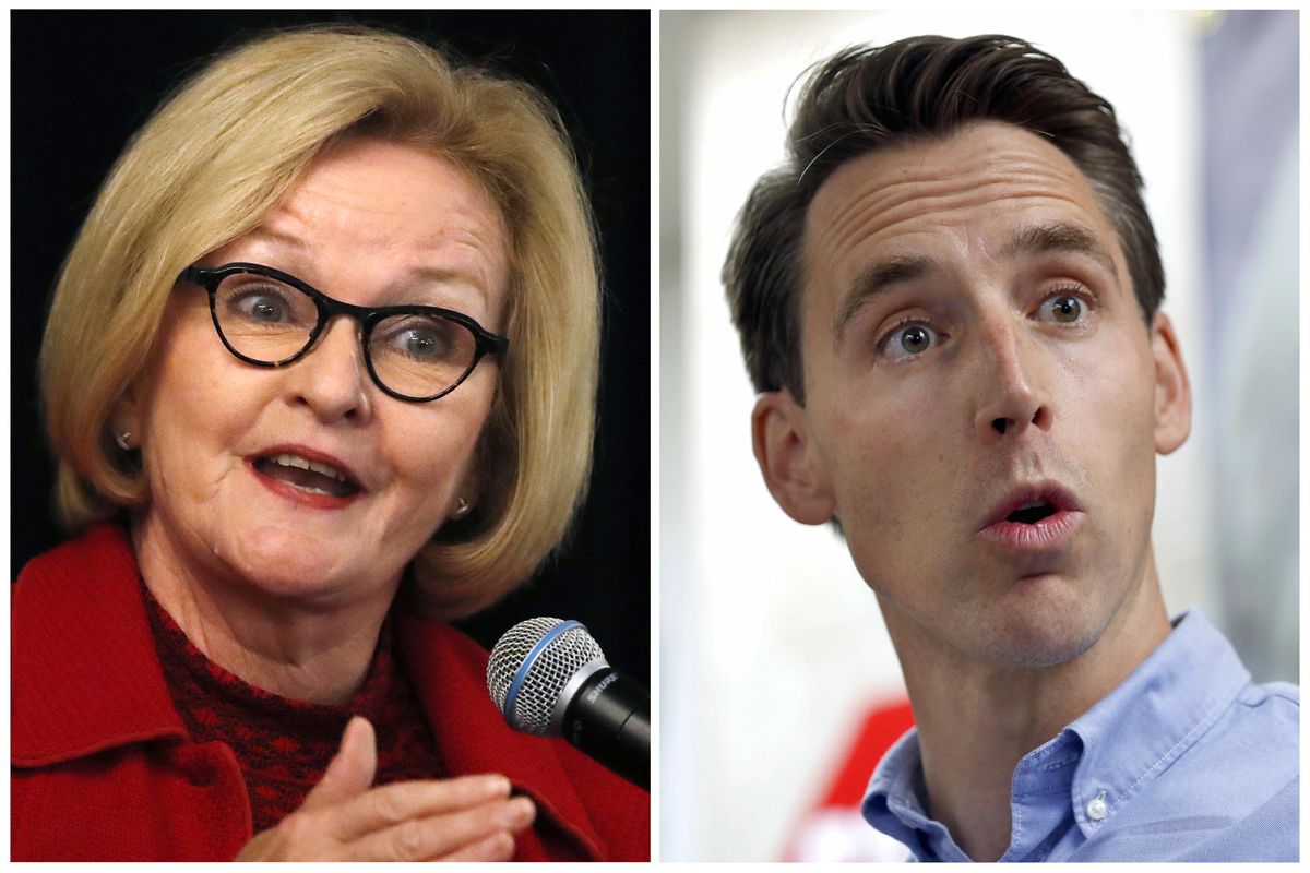 This combination of file photos shows Missouri U.S. Senate candidates in the November election, Democratic incumbent Sen. Claire McCaskill and her Republican challenger Josh Hawley. McCaskill and Hawley are scheduled to debate Thursday, Oct. 18, 2018. (Jeff Roberson / Associated Press)