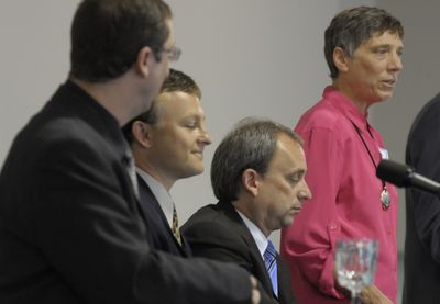 Candidates for Spokane County Commissioner speak to a breakfast meeting of business leaders Friday. From left are Brian Sayrs, Mark Richard, Todd Mielke and Dr. Kim Thorburn.  (Christopher Anderson / The Spokesman-Review)