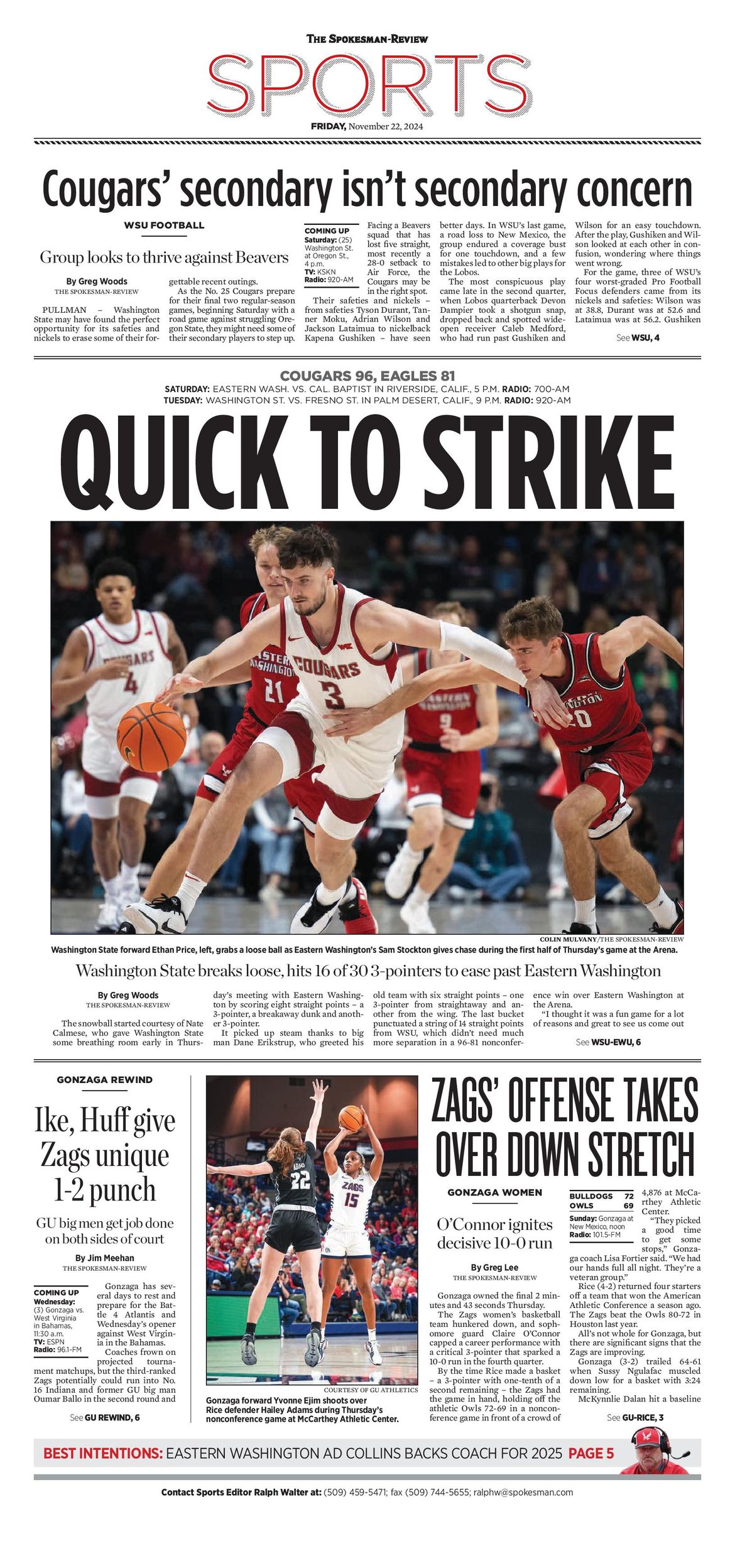 Sports Front Page for Nov. 22, 2024 The SpokesmanReview