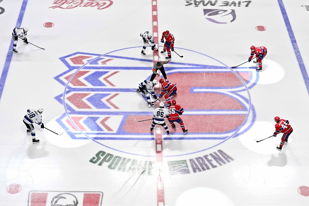 Spokane Chiefs center Rasmus Ekström (13) fights for the opening puck drop against Victoria Royals center Cole Reschny (7) during the Western Conference semi finals on Mon, April. 14, 2025 at Spokane Arena in Spokane WA. (James Snook)