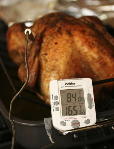 Federal guidelines state that your turkey is safe to eat when the innermost part of the thigh reaches 165 degrees. Some people say thigh meat tastes better at 170 degrees. If the turkey is stuffed, the stuffing must also reach 165 degrees. (Associated Press)