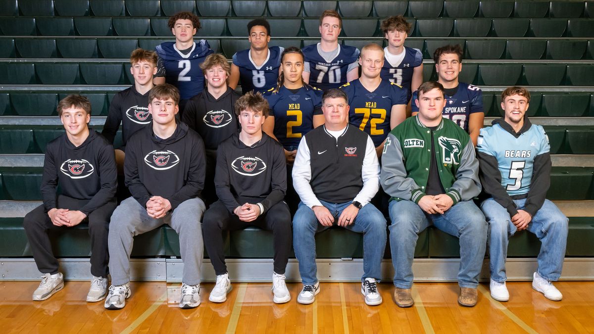 The Greater Spokane League 4A/3A football offense first team: Front: Chris Wilson (CHE), Karson Palmer (CHE), Mason Stinson (CHE), Coach John Graham (CHE), Colton Kuhl (RL), Tyler Bissell (CV). Middle: Tank Best (CHE), Connor Collins (CHE), Max Faagau (MEA), Cooper Daines (MEA), Jackson Simmons (MtS). Back: Isaiah Docken (GP), Jonah Keller (GP), Johnny Doree (GP), Sam Kincaid (GP).   (COLIN MULVANY)