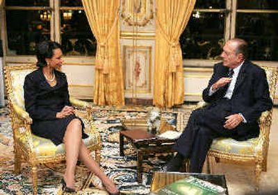 
French President Jacques Chirac speaks with U.S. Secretary of State Condoleezza Rice at the start of a meeting at the Elysee Palace in Paris on Tuesday.
 (Associated Press / The Spokesman-Review)