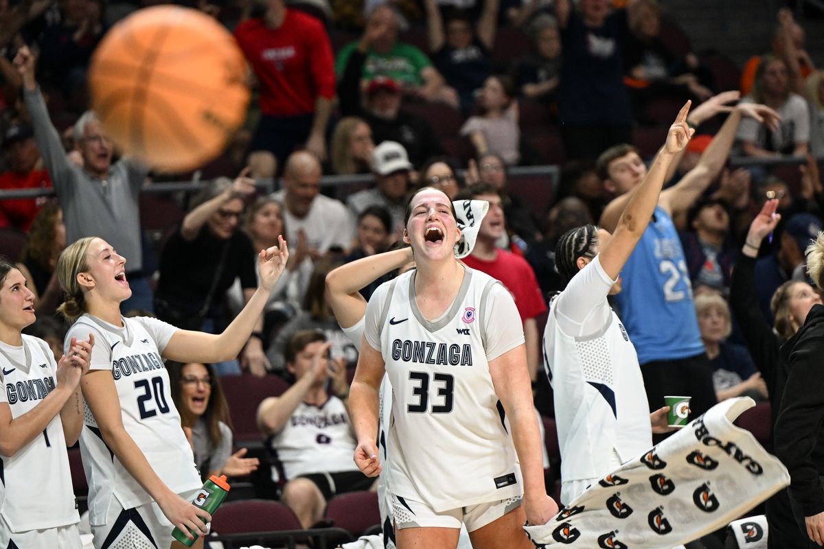 Gonzaga Bulldogs forward Lauren Whittaker (33) celebrates during a Gonzaga scoring run against the Santa Clara Broncos during the second half of the WCC Tournament women’s semifinal basketball game on Monday, Mar 9, 2026, at the Orleans Arena in Las Vegas, Nev. The Gonzaga Bulldogs won the game 88-60.  (Tyler Tjomsland/The Spokesman-Review)